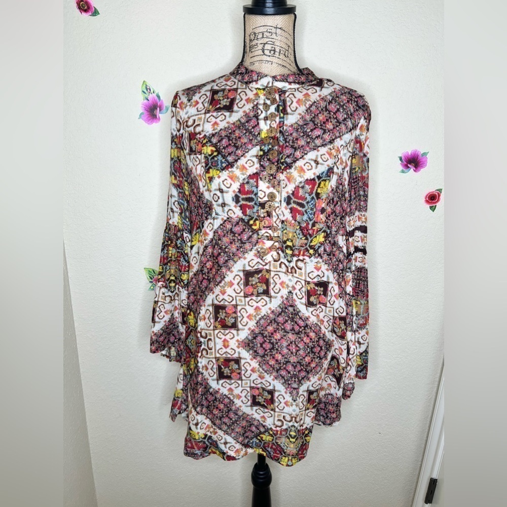 Ivy Jane Boho Shirt Dress Patchwork Print Bell Sleeve Button Front Rayon Small
